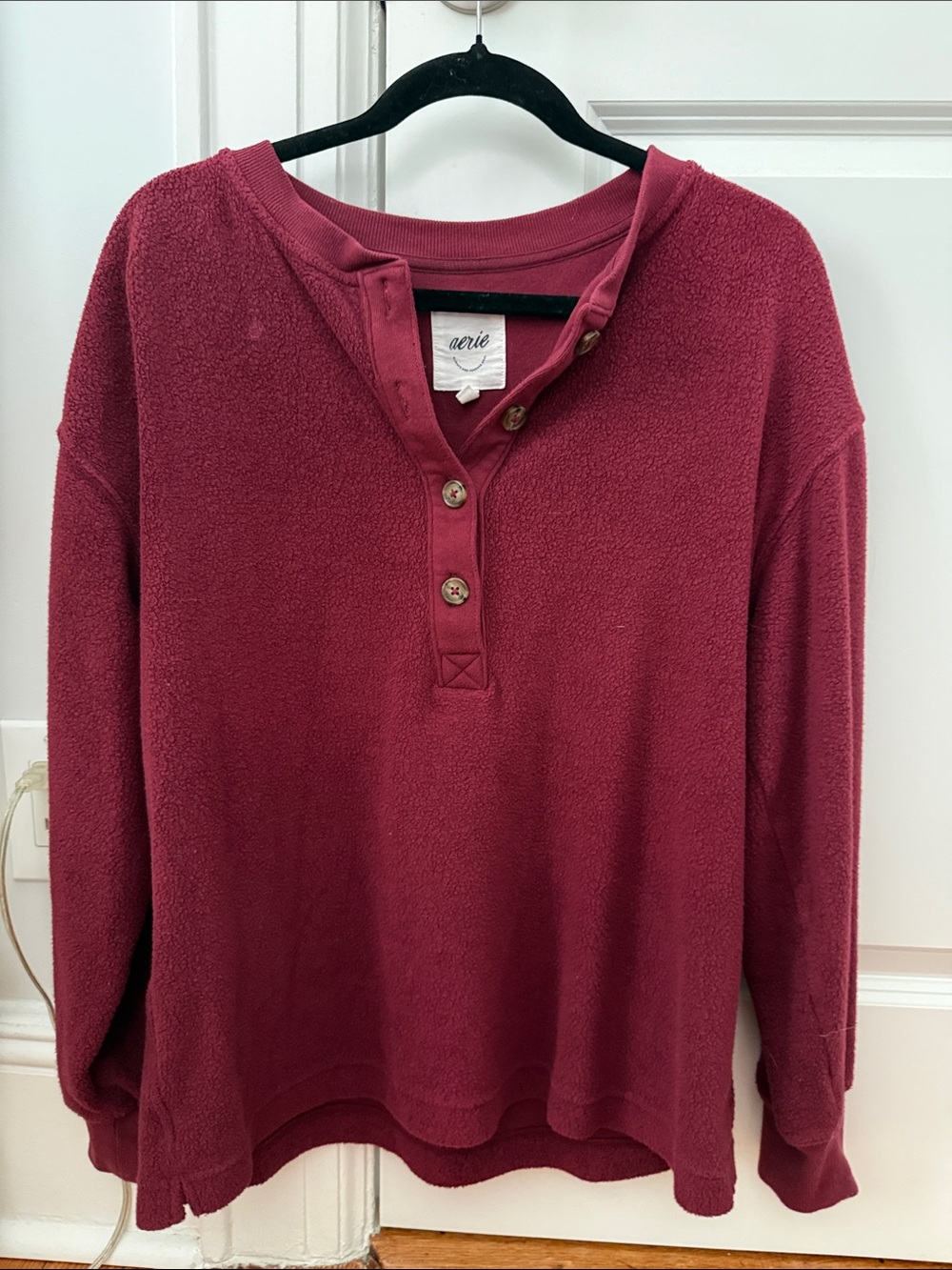 aerie Women's Button Henley Fleece Pullover - Burgundy